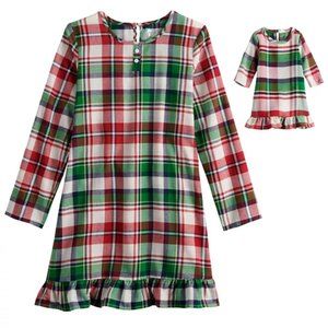 NWT 2 piece plaid Christmas holiday nightgown pajamas and doll dress 2T or 7!